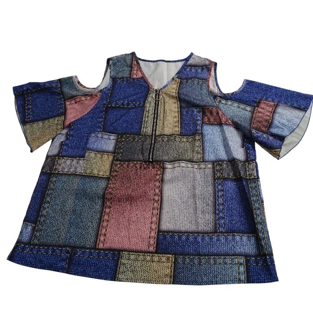 Shein Patchwork Denim Print Cold Shoulder V-neck Top Women Size XL US Size 12